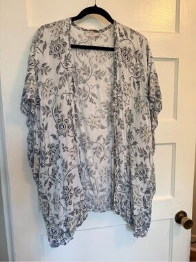 LOFT White Floral Open-Front Kimono with Grey Print